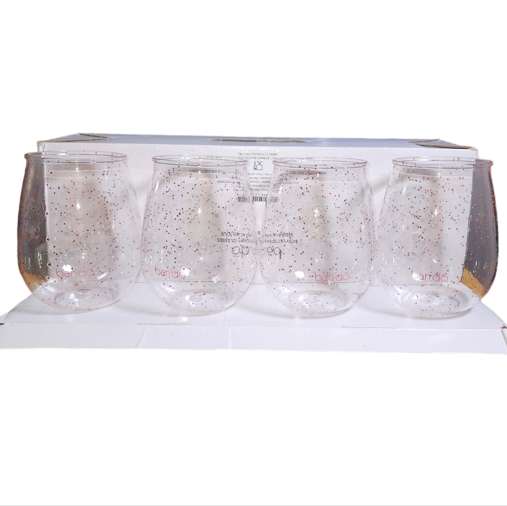 Ban.do NIB Set of Four Clear Pink Glitter Infused Acrylic Stemless Wine Glasses - Picture 5 of 10